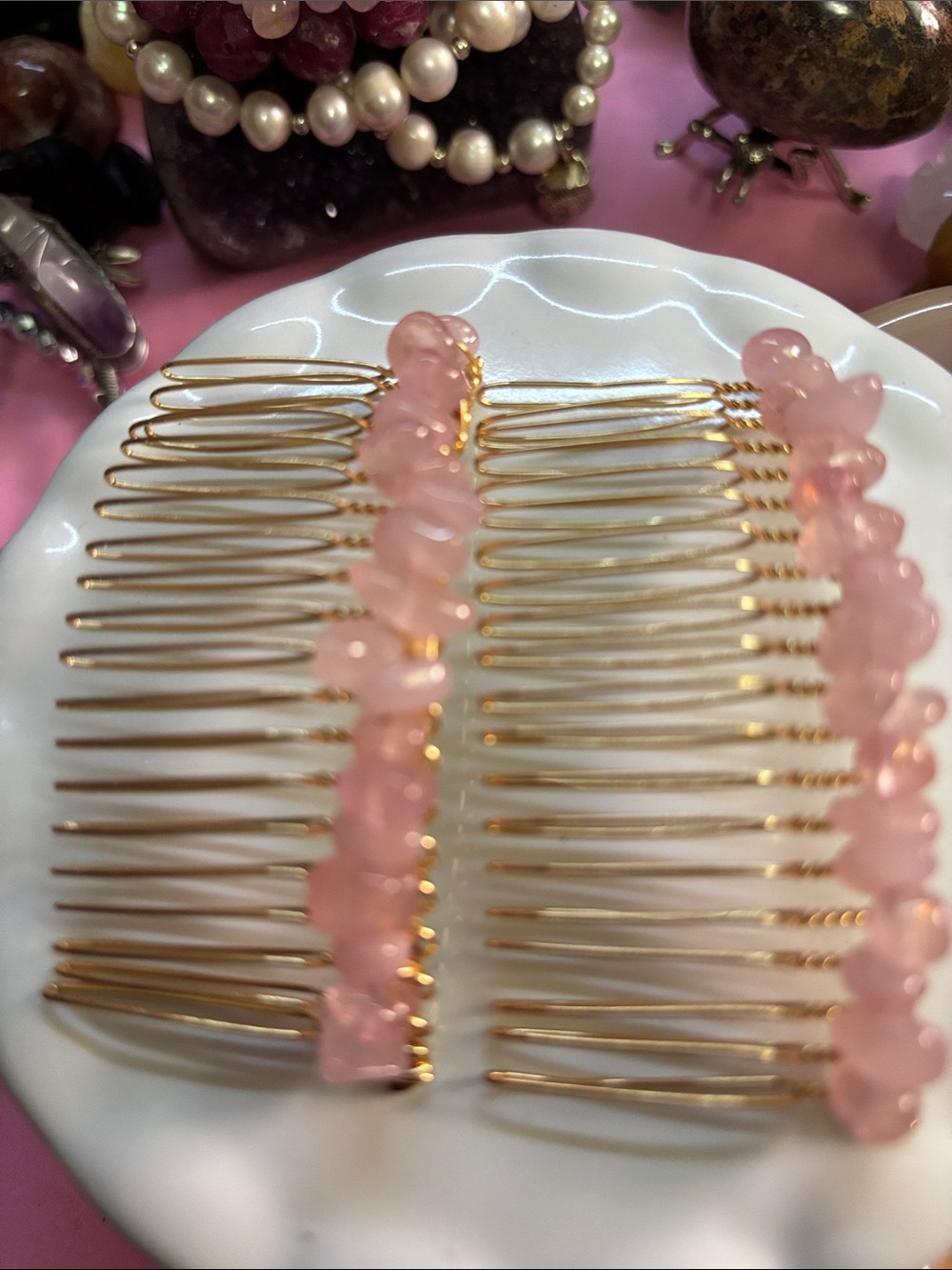 Gold Hair Combs with Pink Rose Quartz Bead Detail